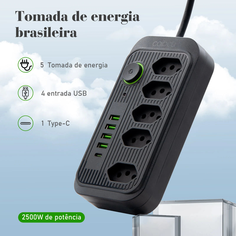 Tomada de extensão, filtro de linha, extensão de energia, tomada USB, plugue, plugue de água, filtro de linha Brasil, 100-220V, 10A