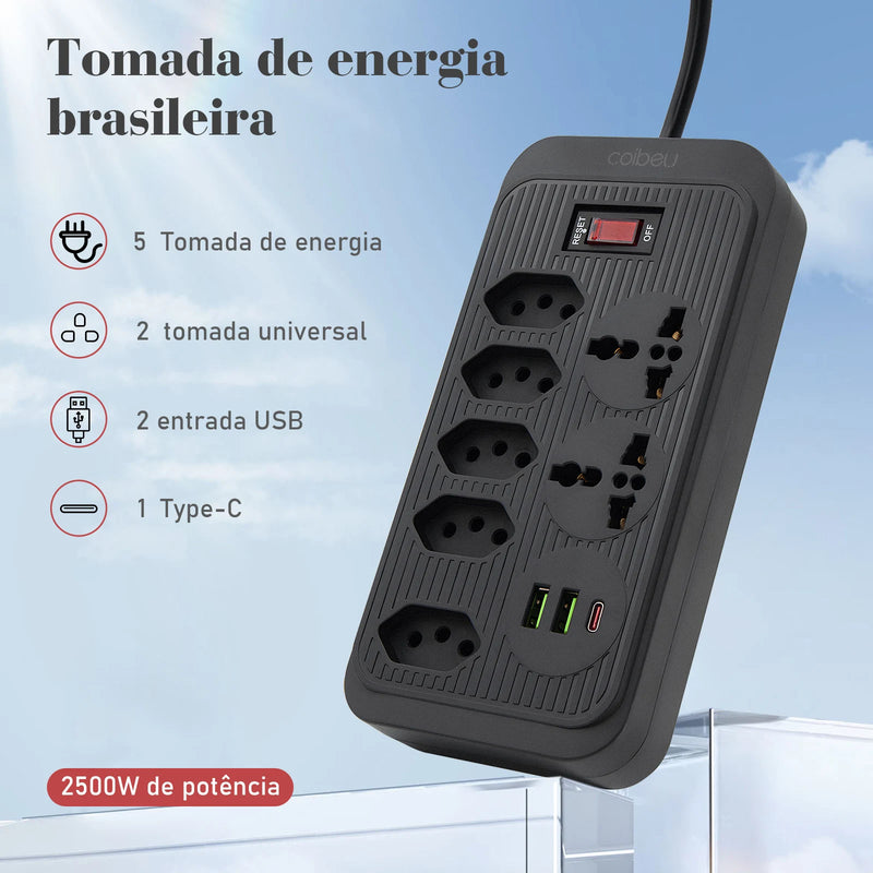 Tomada de extensão, filtro de linha, extensão de energia, tomada USB, plugue, plugue de água, filtro de linha Brasil, 100-220V, 10A