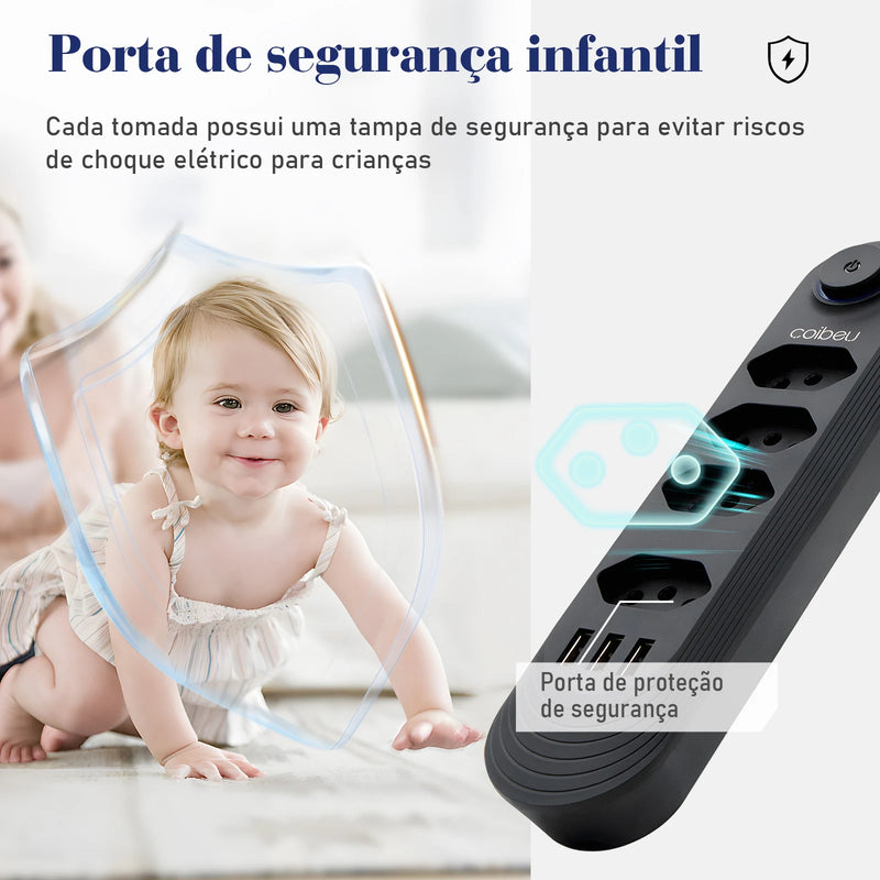 Tomada de extensão, filtro de linha, extensão de energia, tomada USB, plugue, plugue de água, filtro de linha Brasil, 100-220V, 10A