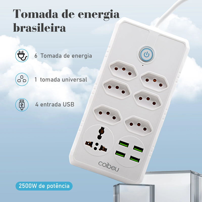 Tomada de extensão, filtro de linha, extensão de energia, tomada USB, plugue, plugue de água, filtro de linha Brasil, 100-220V, 10A