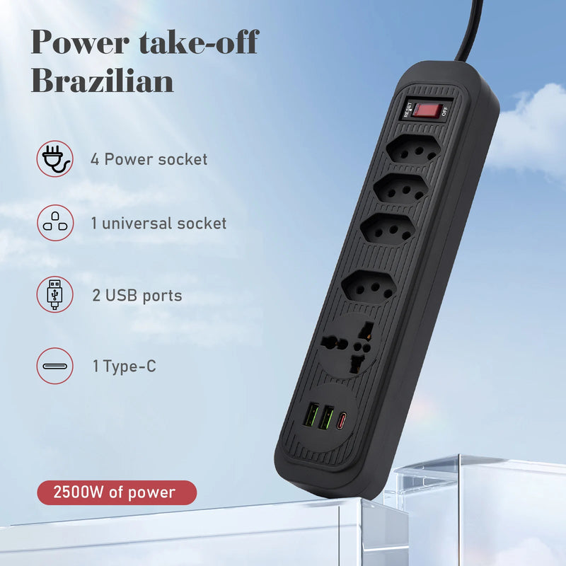 Tomada de extensão, filtro de linha, extensão de energia, tomada USB, plugue, plugue de água, filtro de linha Brasil, 100-220V, 10A