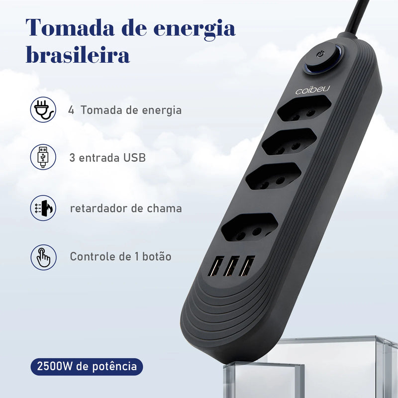 Tomada de extensão, filtro de linha, extensão de energia, tomada USB, plugue, plugue de água, filtro de linha Brasil, 100-220V, 10A